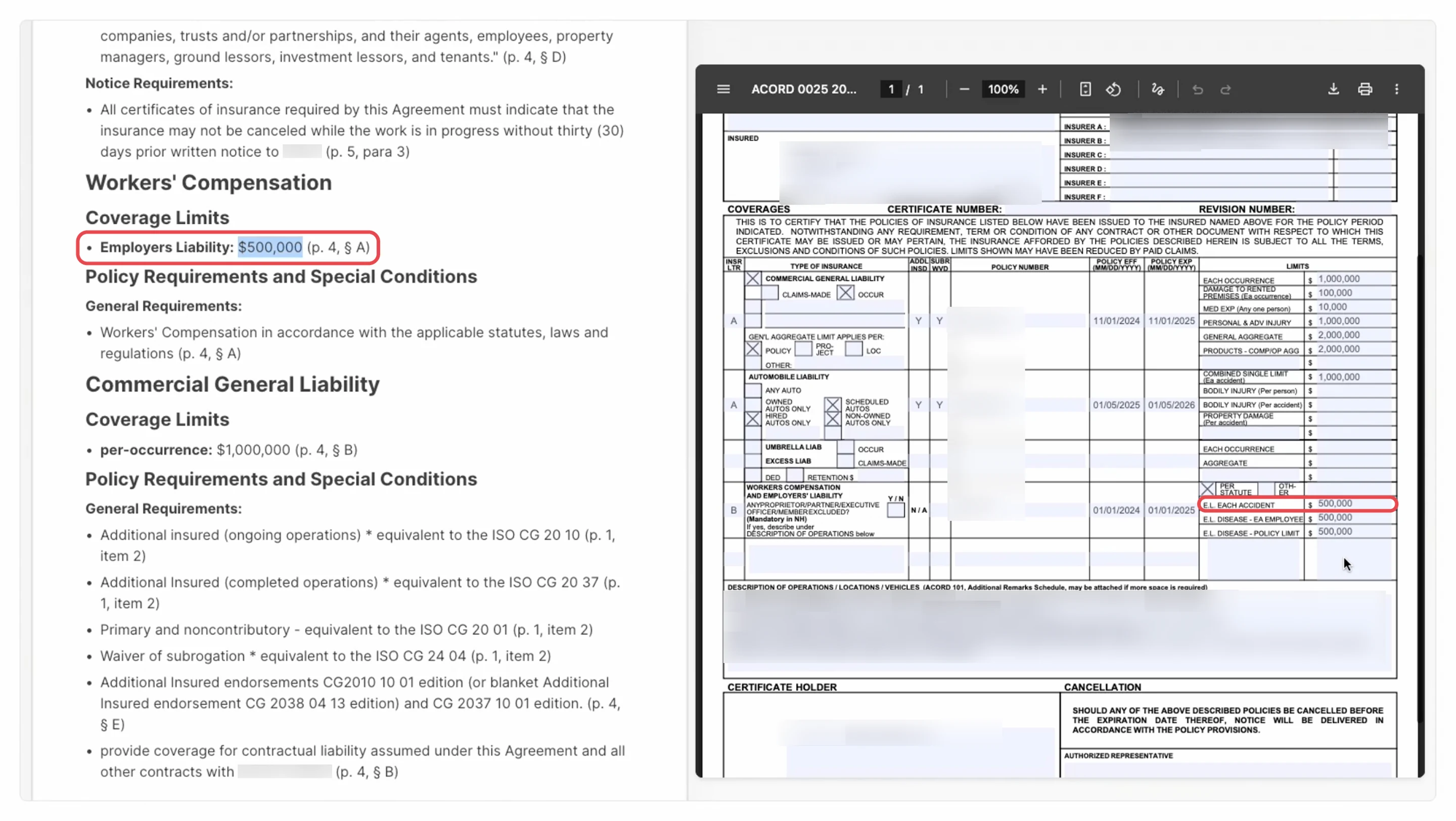 A contract’s insurance requirements beside the ACORD certificate that has to match them