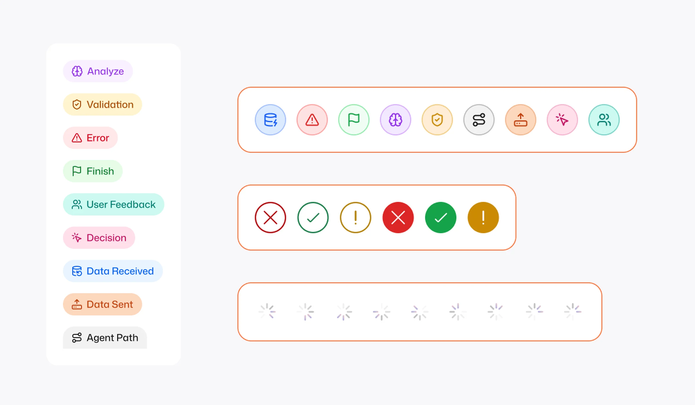 Step-type badges, icons, alert states and loading spinners