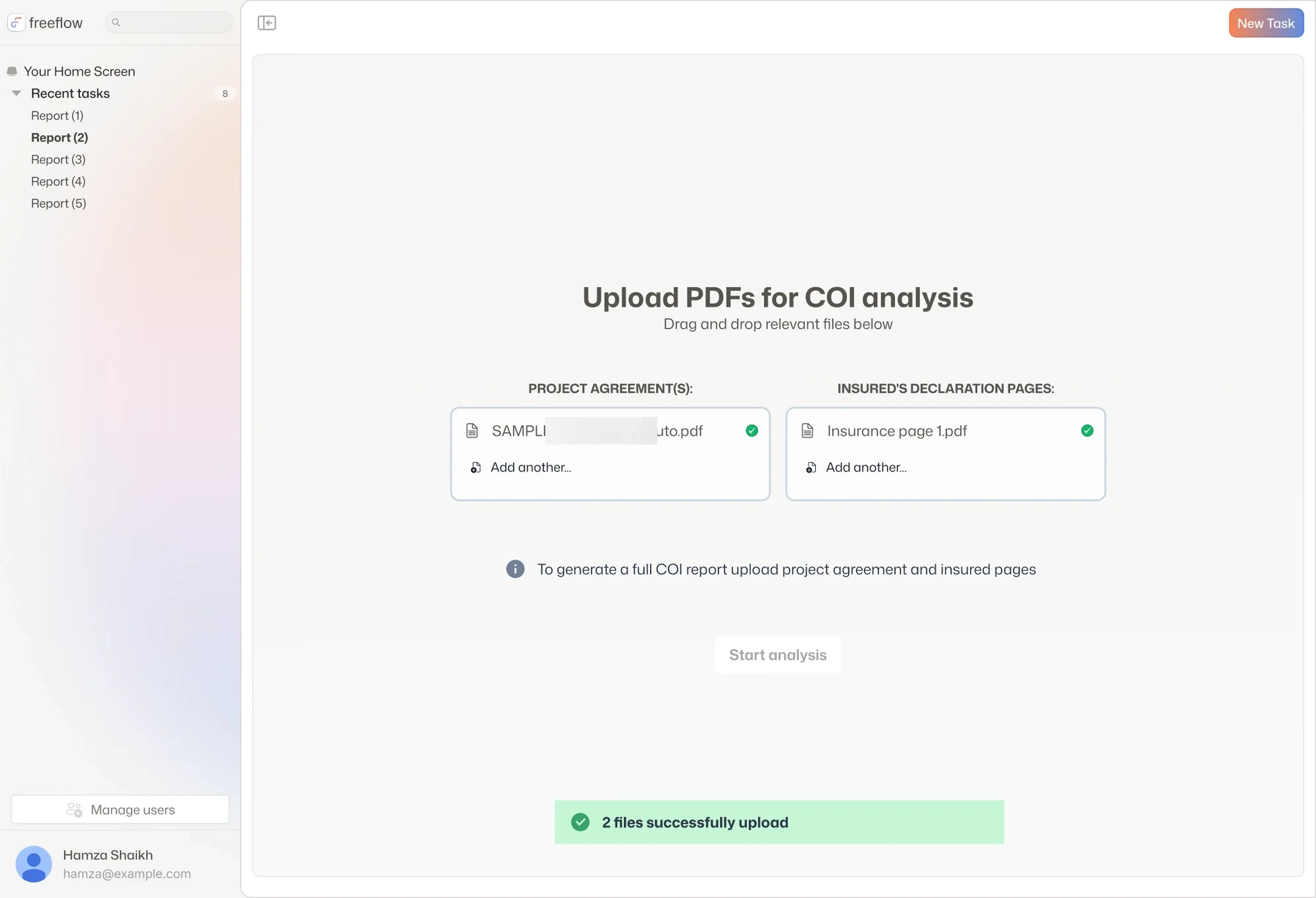 Uploading a project agreement and declaration pages for analysis