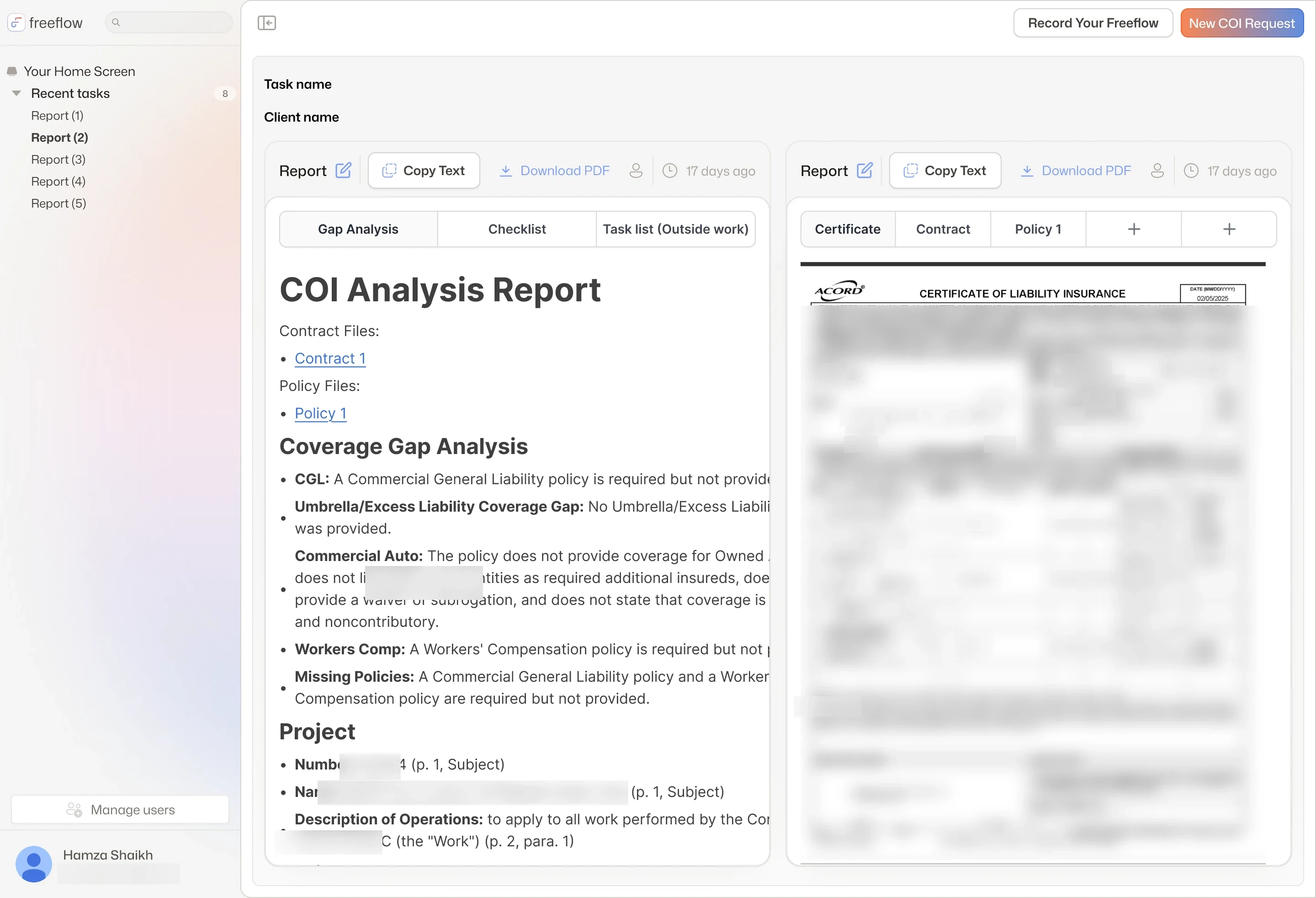Gap Analysis, Checklist and Task list tabs beside the certificate, contract and policy