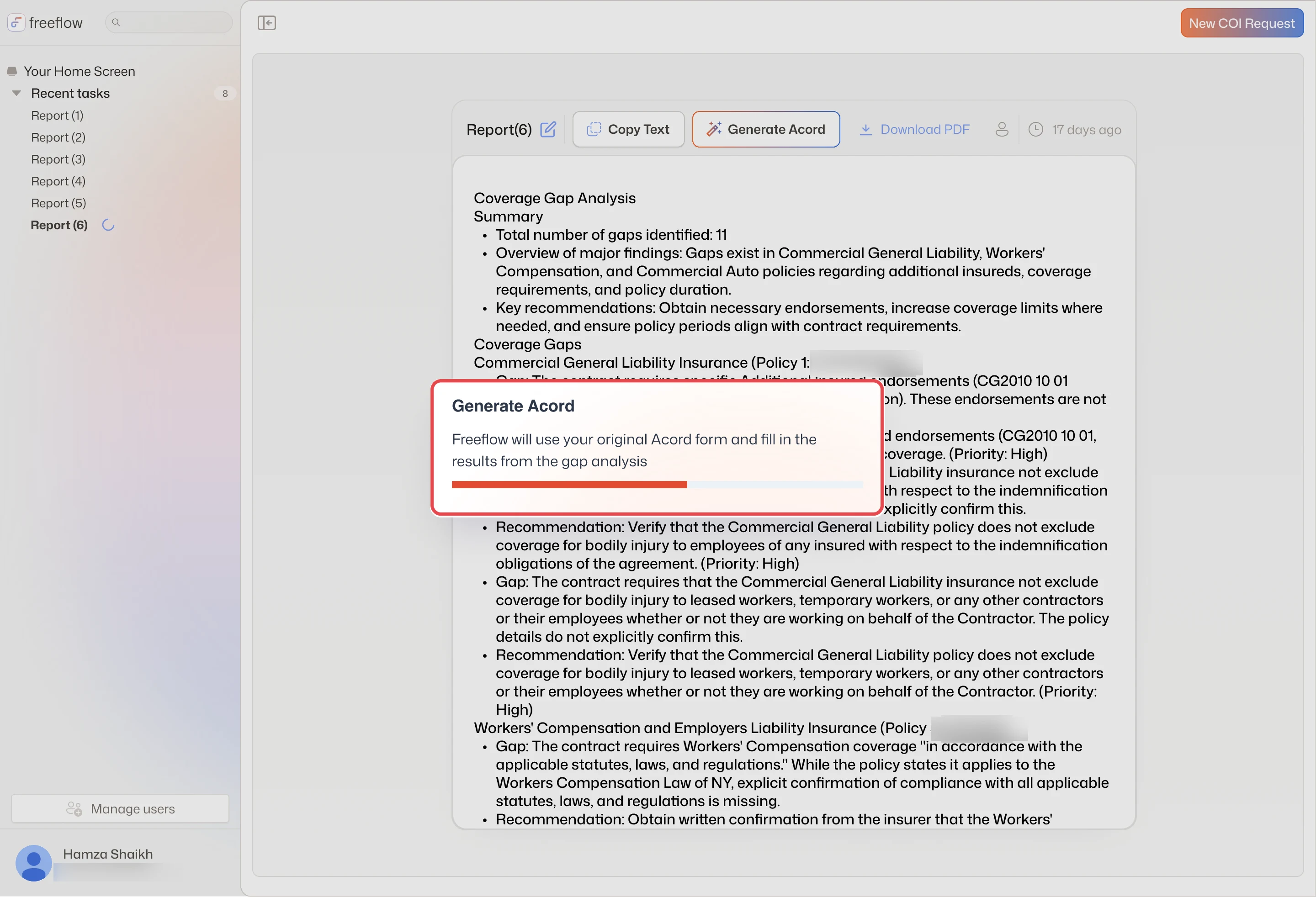 Generate Acord fills your form from the gap analysis, with a progress bar
