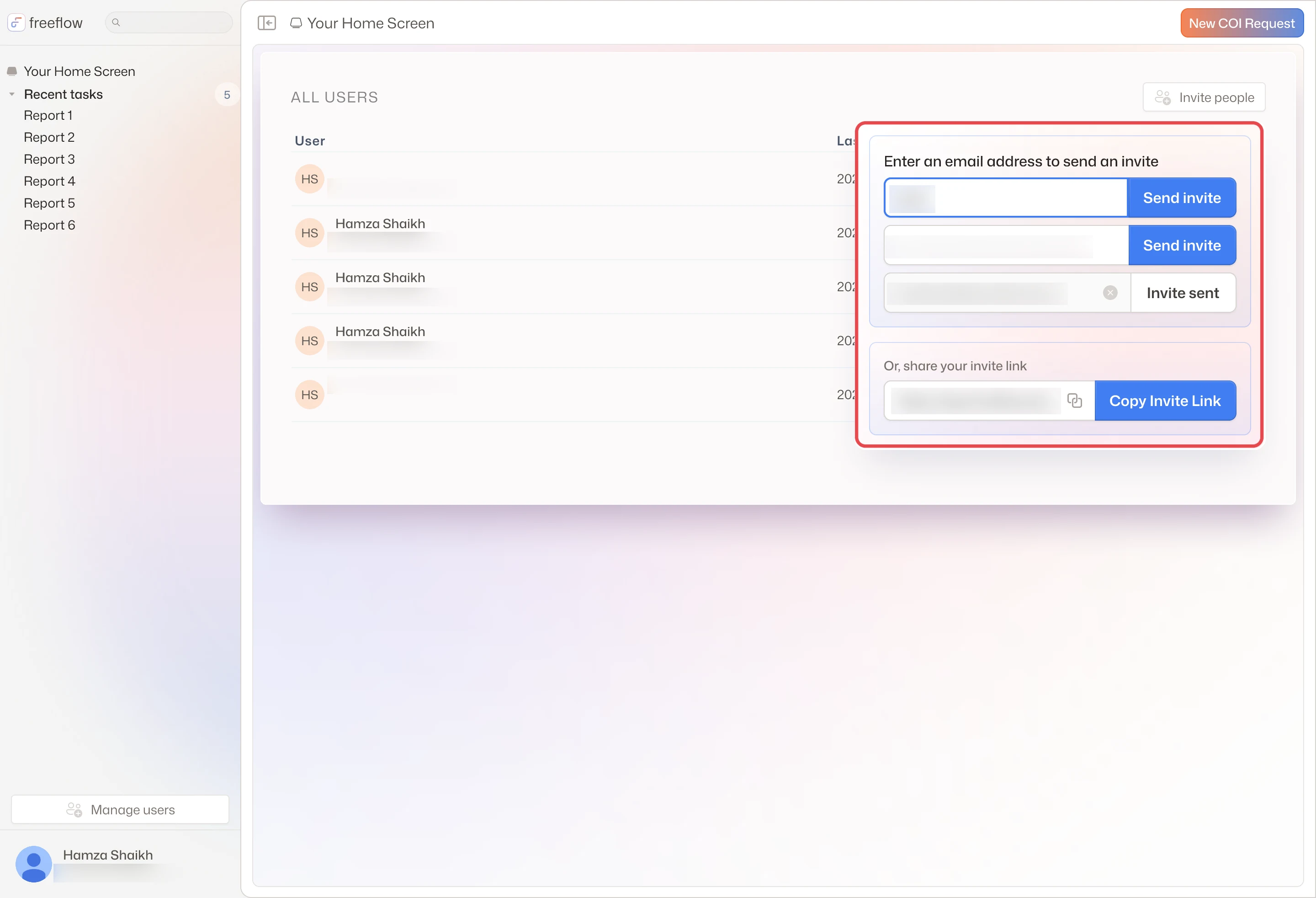 A popover over the user list: invite by email, or copy an invite link