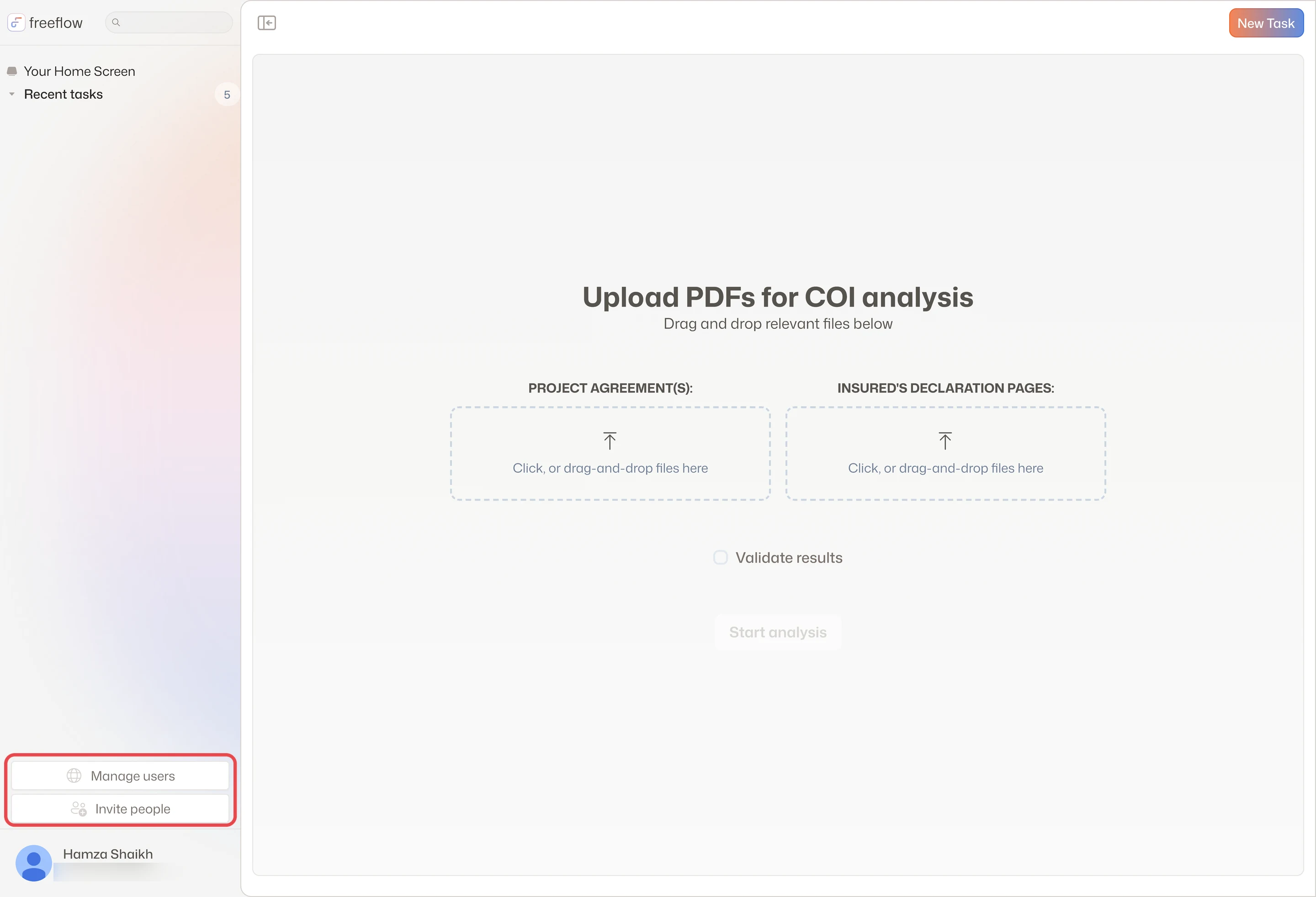 Manage users and Invite people stacked at the foot of the sidebar
