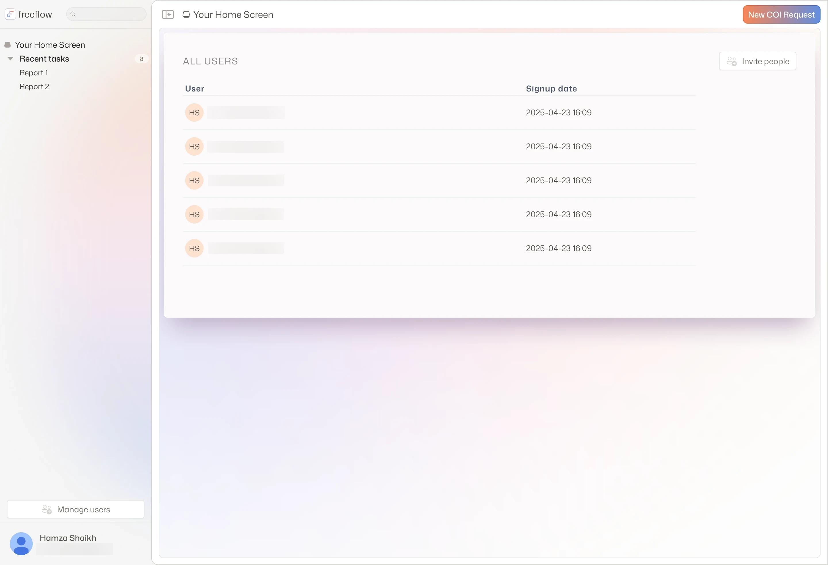 Manage users: everyone on the account, with Invite people at the top right