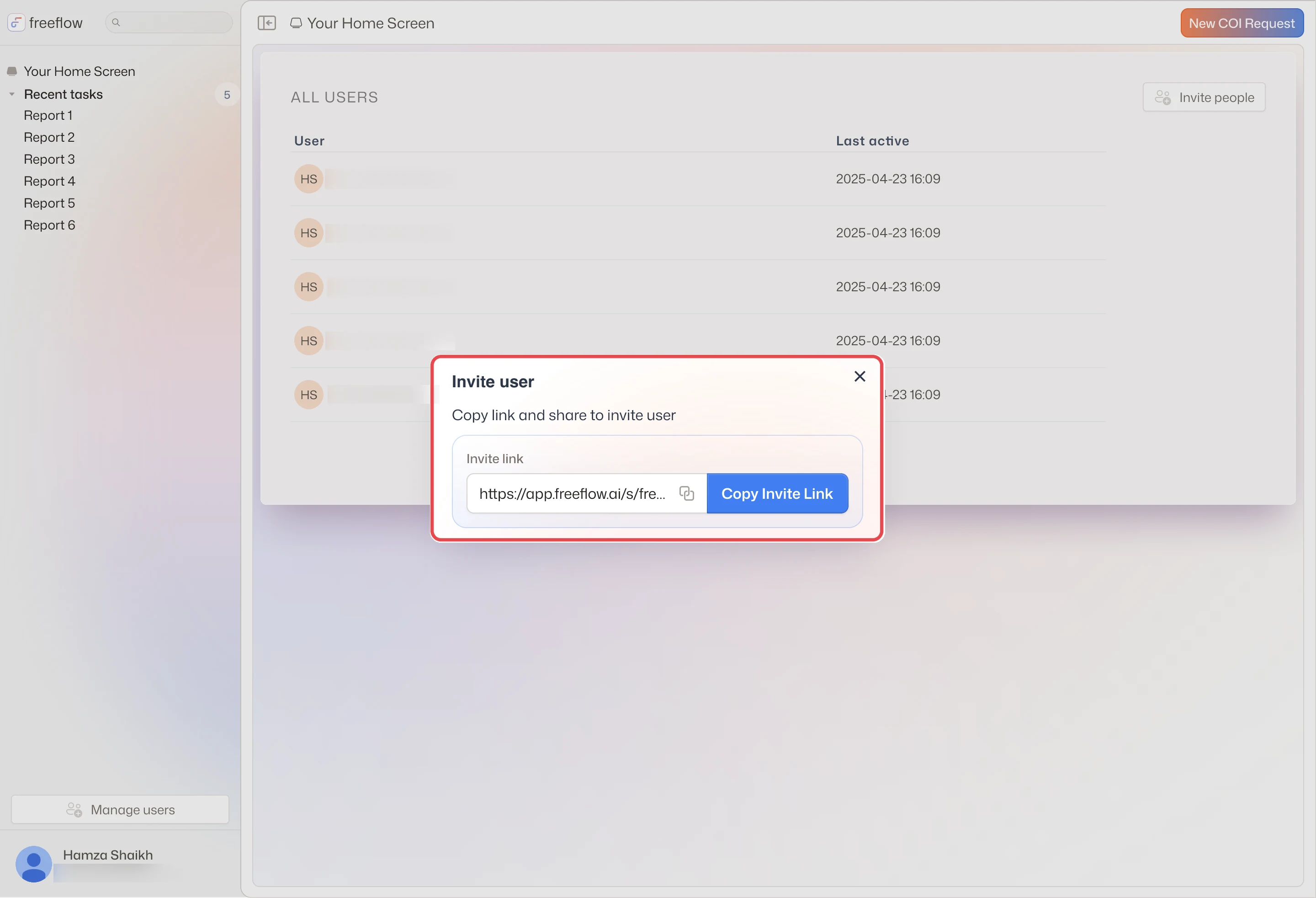 Invite people opens a modal with one link to copy and share