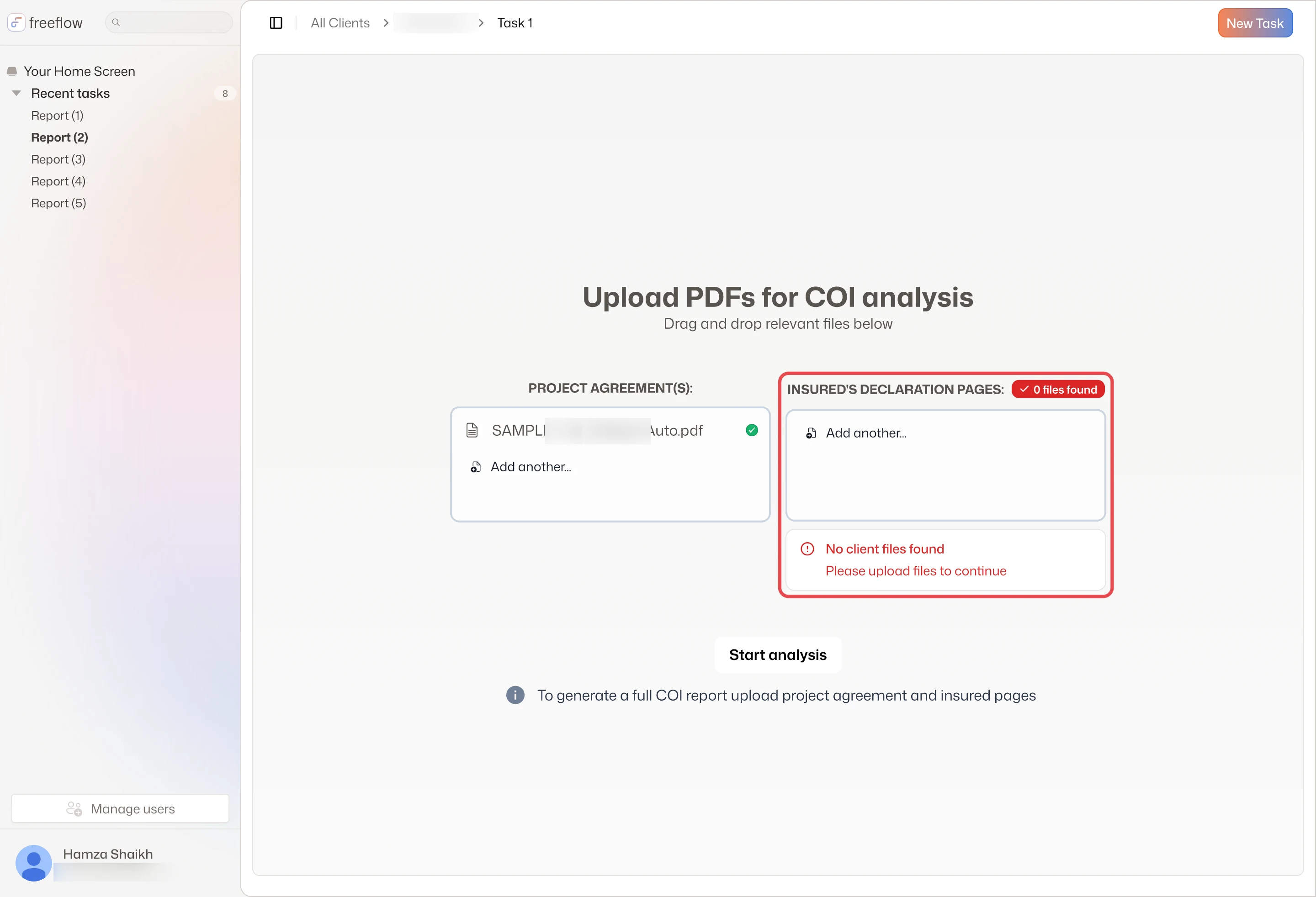 The declaration pages zone: 0 files found, please upload files to continue