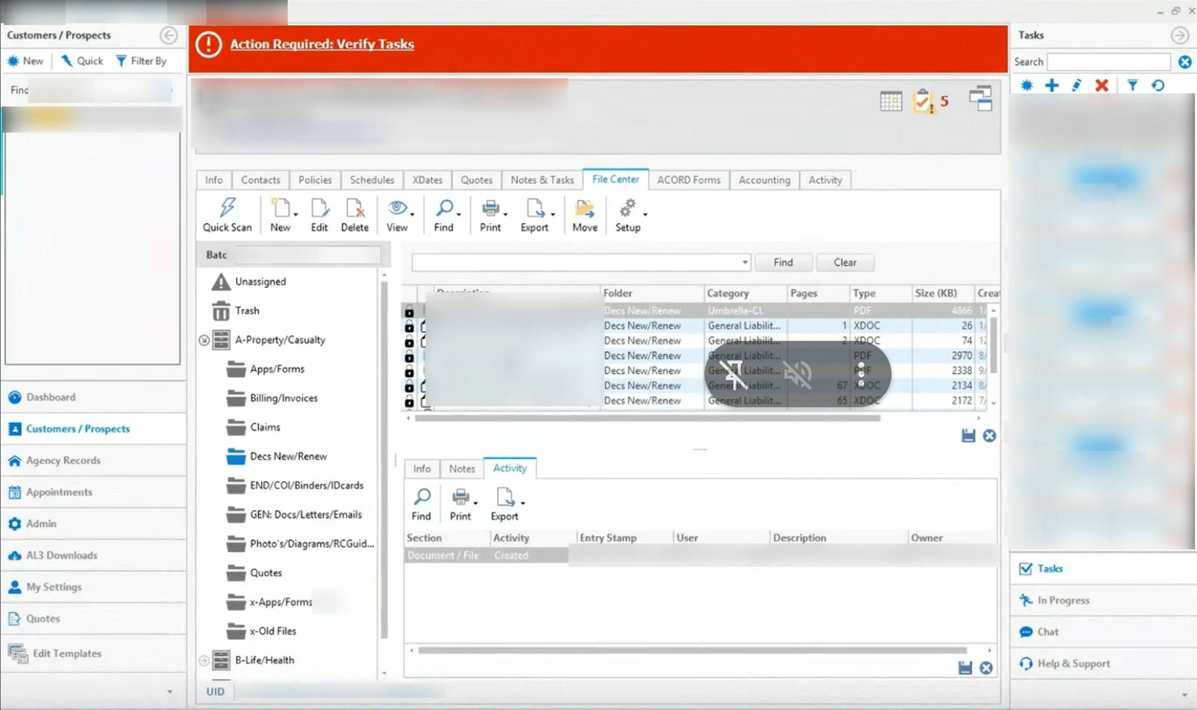 A client record with folders of declaration pages, endorsements, COIs and binders