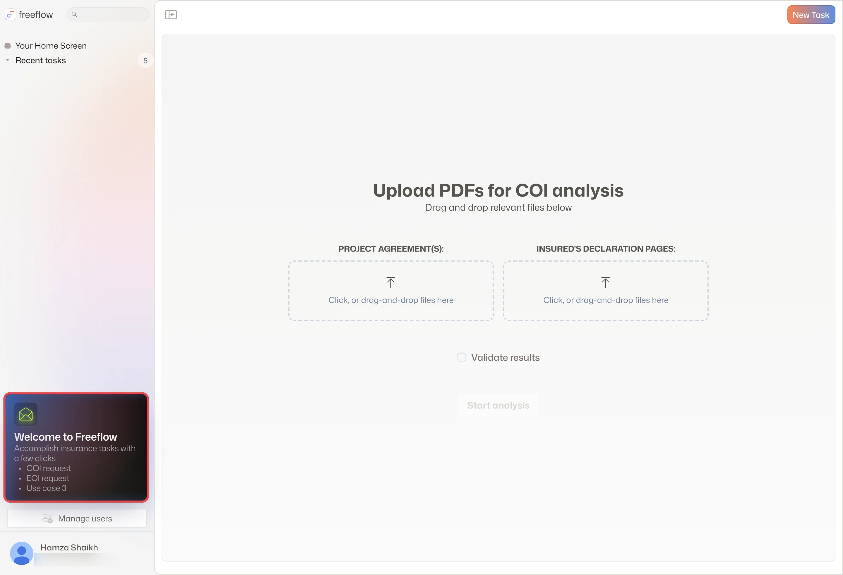 The sidebar's Welcome to Freeflow card listing COI request, EOI request and Use case 3