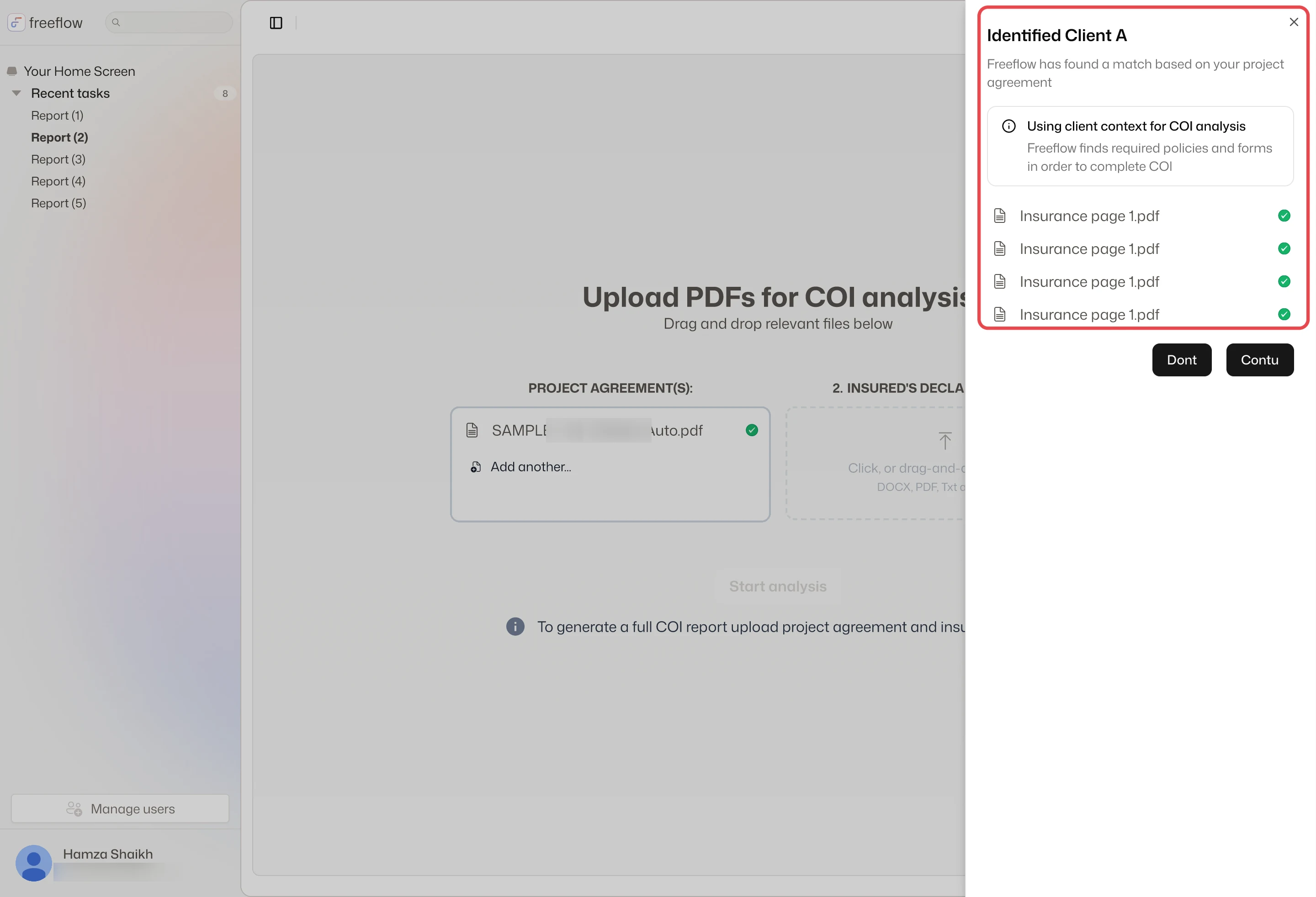 A side panel names the identified client and lists the policies it found