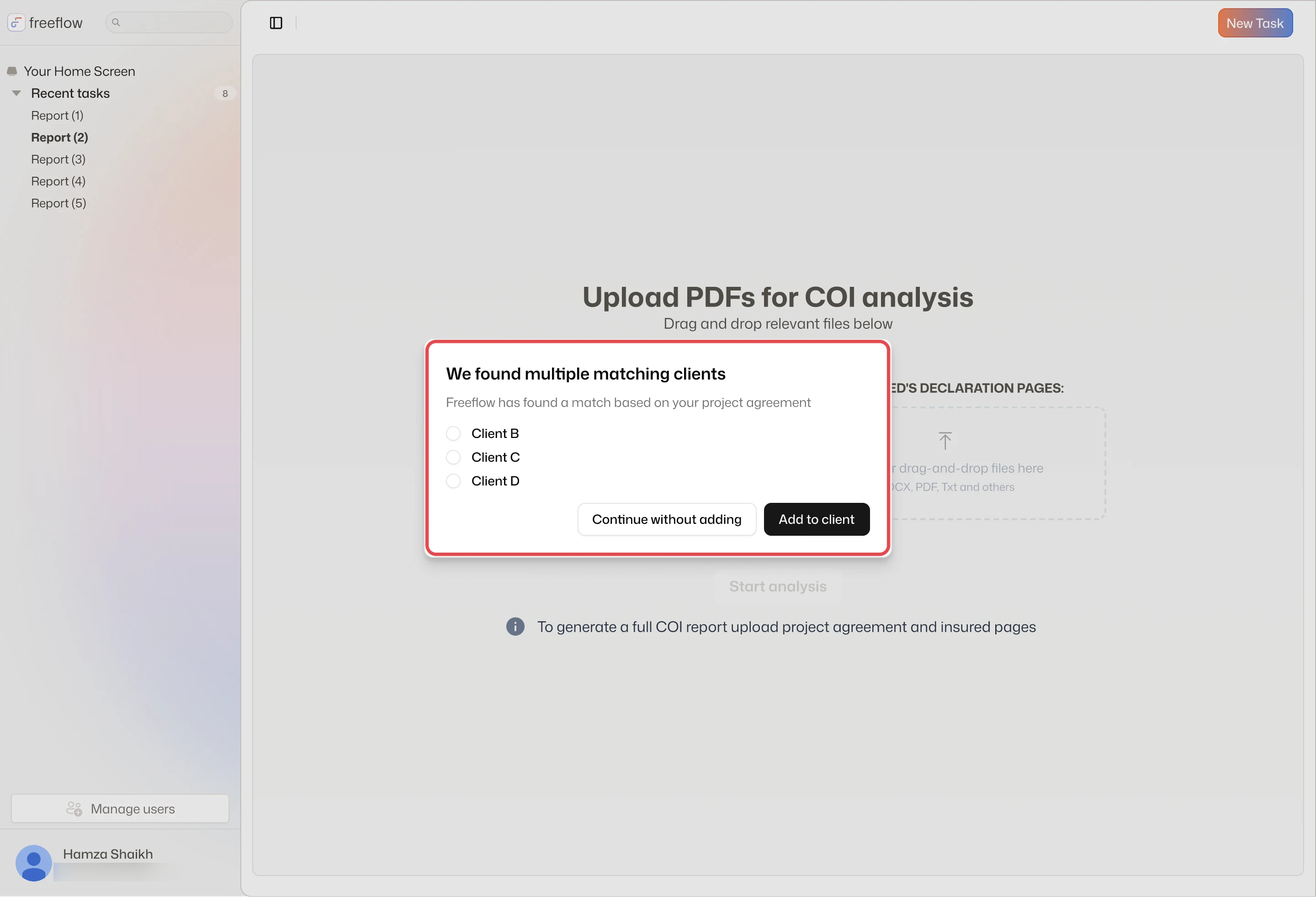 A dialog lists several matching clients: add to one, or continue without adding
