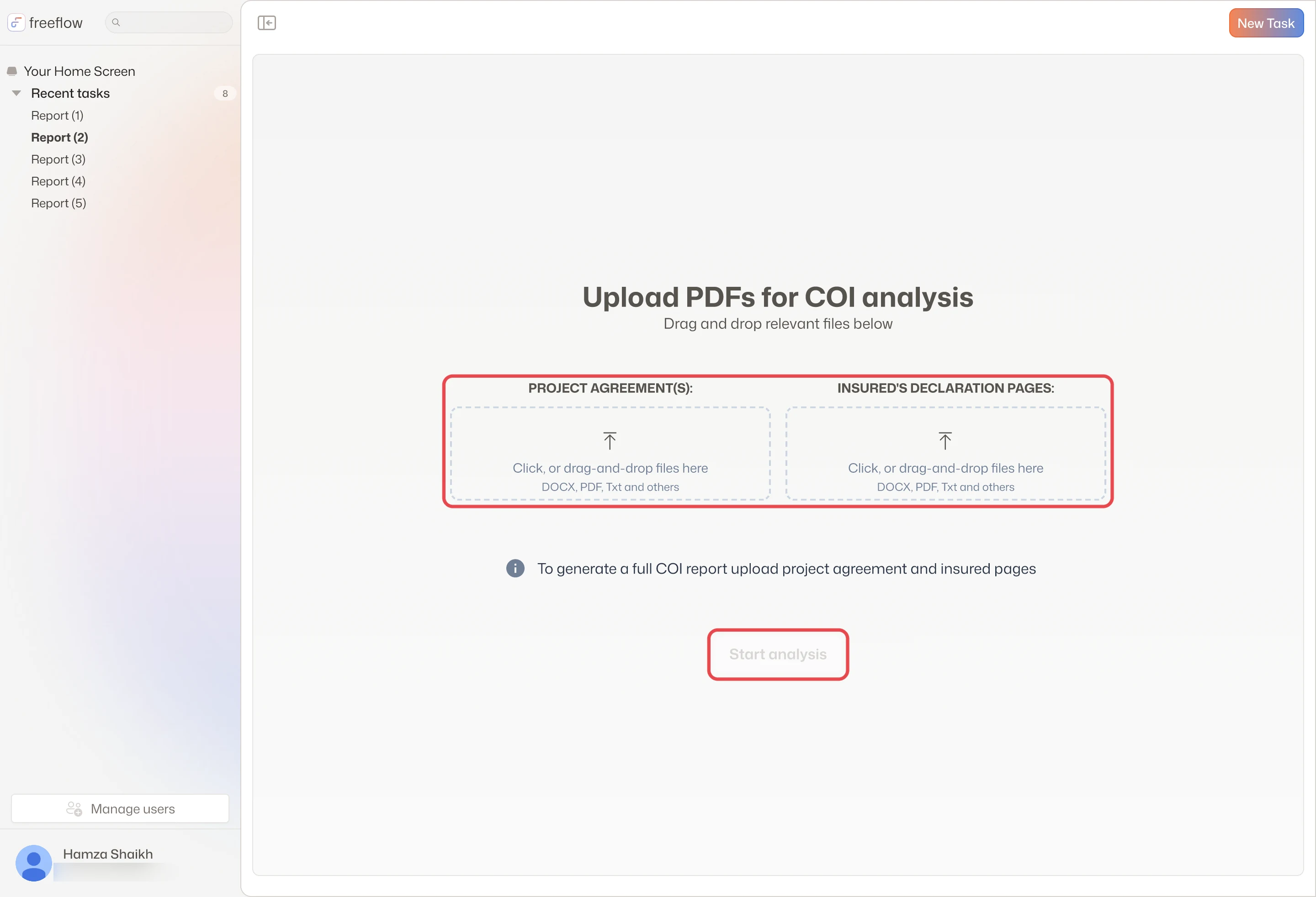 The v1 upload: two labeled drop zones, Start analysis grayed out until both are in